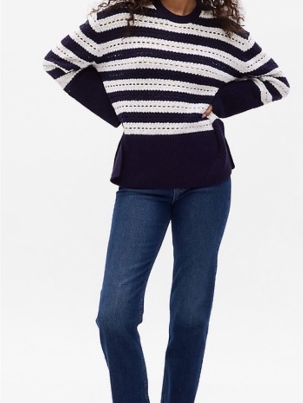 GAP Navy and White Crochet Stripe Sweater Medium Tall